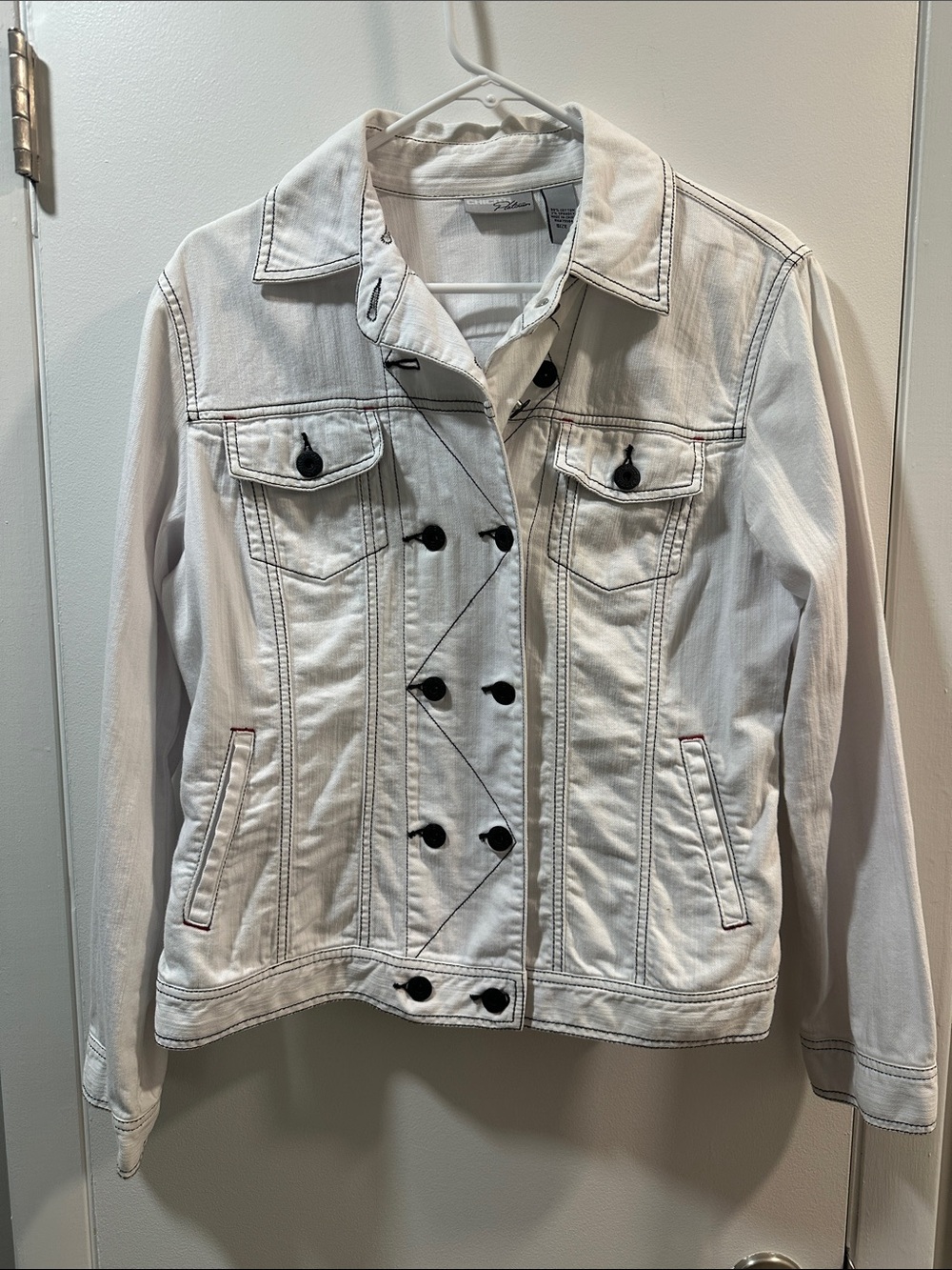 Chico's White Jean Jacket with Black Button Accents